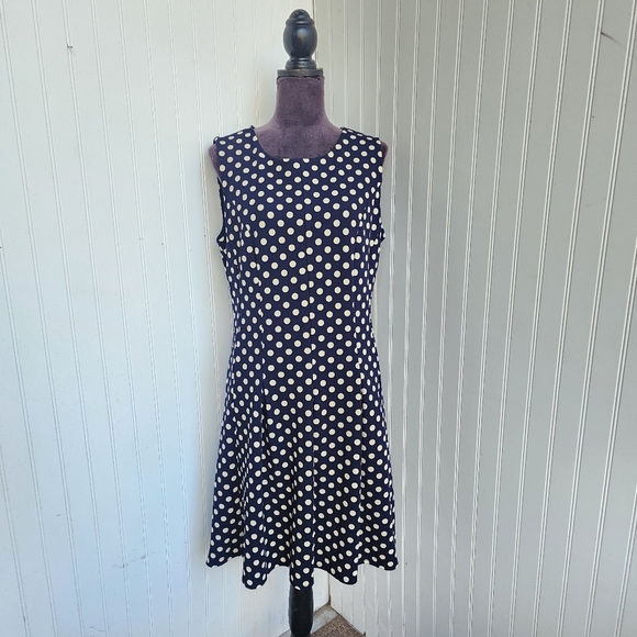 ILE NEW YORK Navy Blue Fit Flare A-Line Dress White Polka Dot Textured Stretc 10 - Picture 1 of 16